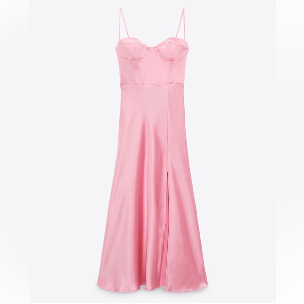Valentine’s day Pink Satin Silk Zara Maxi Dress Sweetheart Slit Coquette NWOT